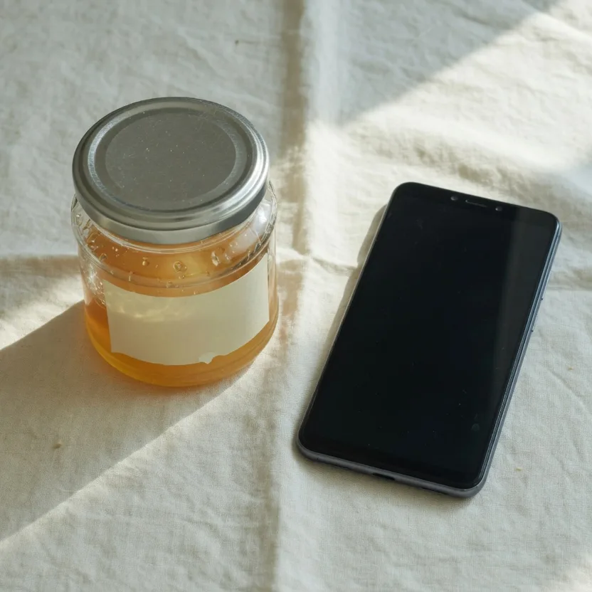 A centered square of the same still, 832 by 832, jar and phone both inside