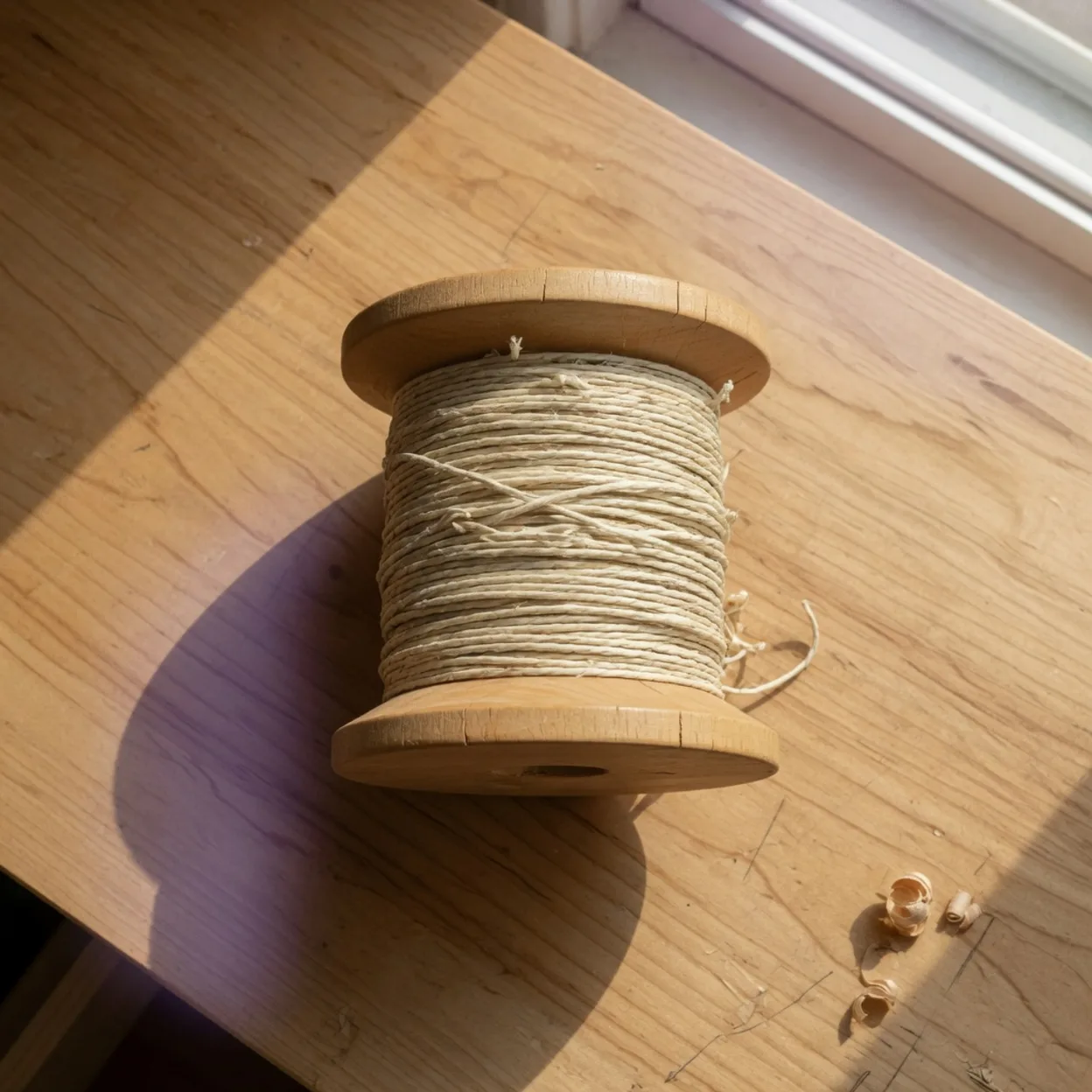 A wooden spool of twine on the maple bench, a 1248 by 1248 square