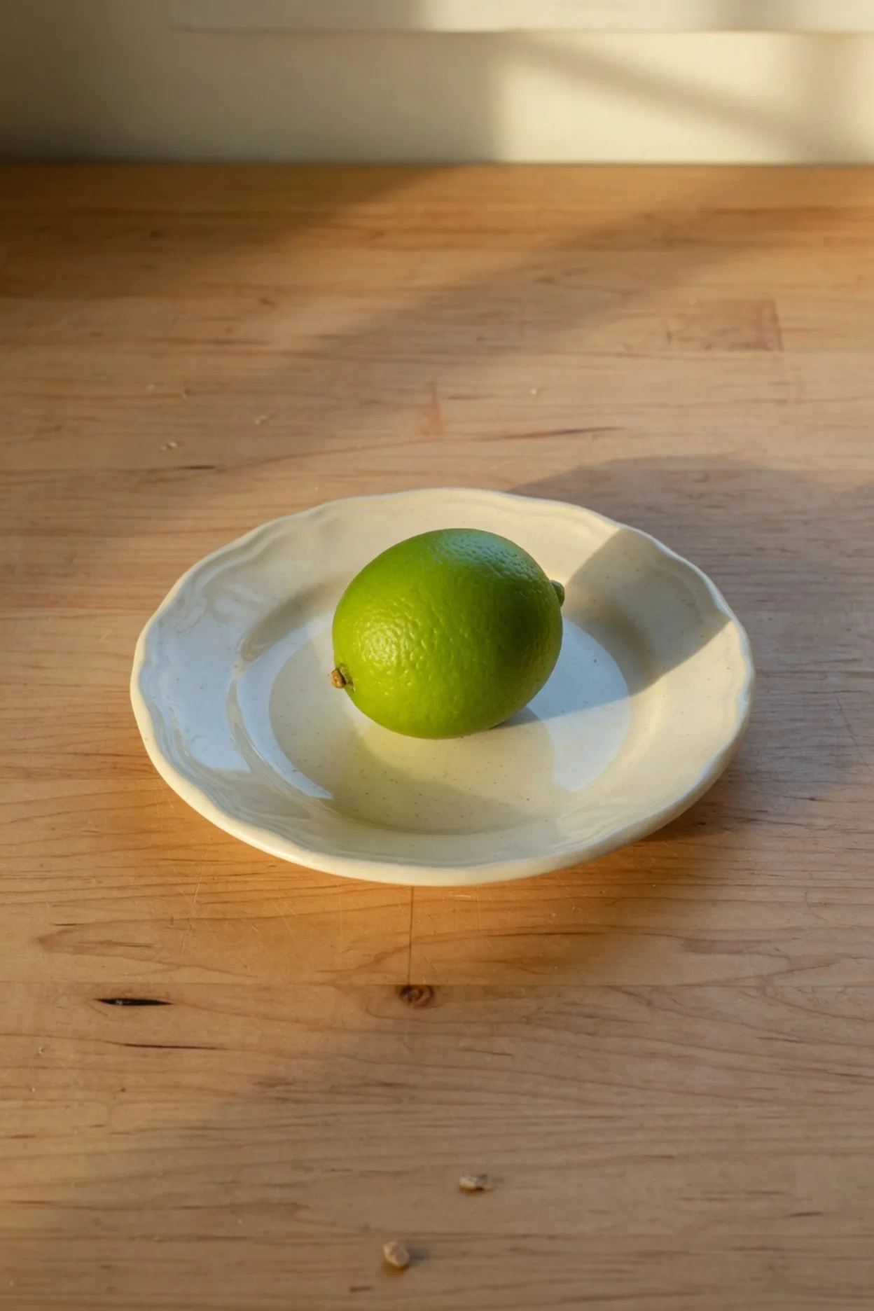 A green lime on a cream plate, a 1248 by 1872 portrait on the same maple bench