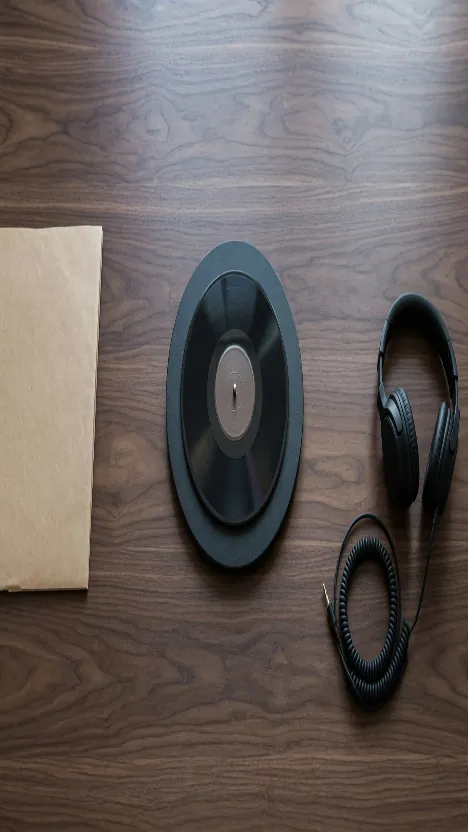 The full turntable photograph stretched into 468 by 832, the record a tall ellipse, sleeve and headphones still visible