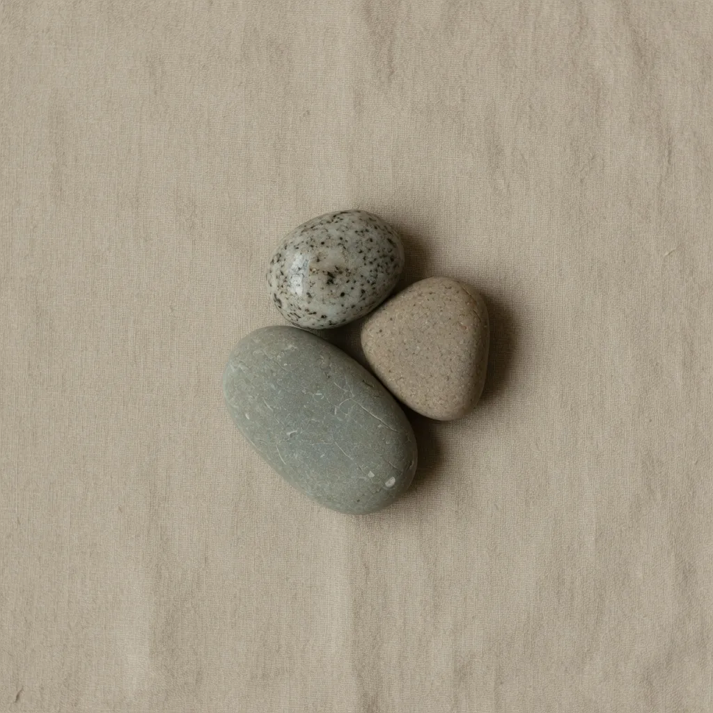 Three river stones on linen, a square photograph before the batch box