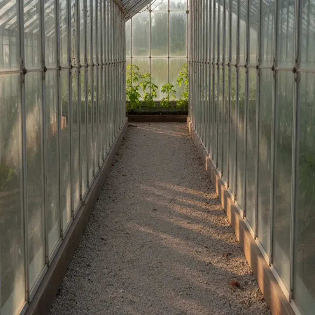 The greenhouse aisle stretched to a 1080 by 1080 square