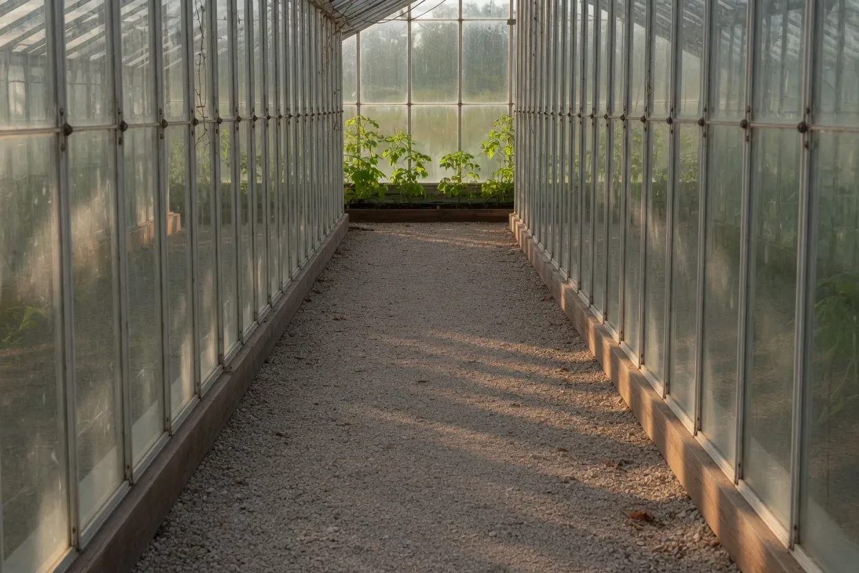 An empty greenhouse aisle, a 3:2 photograph before the batch box